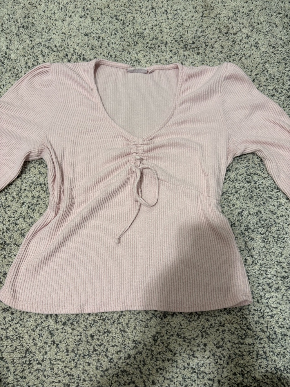 SO Light Pink Ribbed V-Neck Long Sleeve Top with Front Drawstring